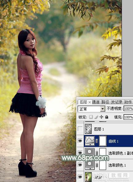 Photoshop为树林中的红衣美女加上漂亮的秋季色11