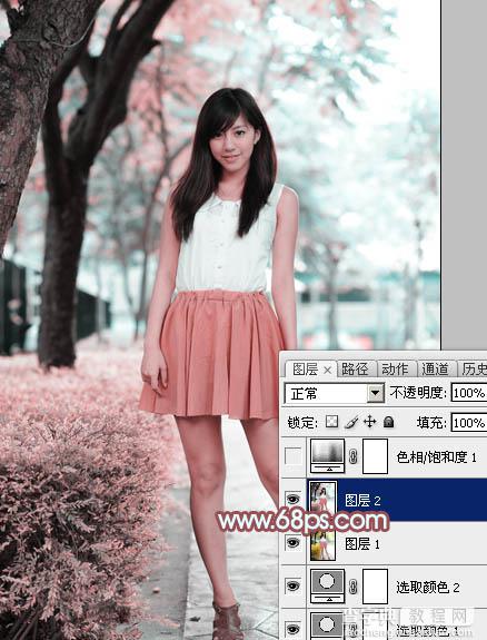 Photoshop为树下的美女图片调制出甜美的粉调青红色9