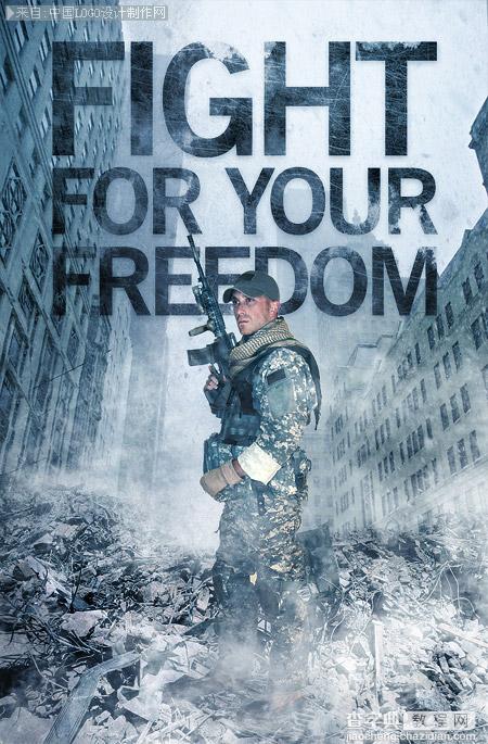 Photoshop合成士兵站在战争蹂躏的上的冷色调海报1