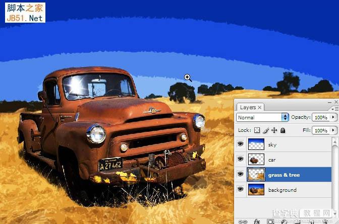 PS利用木刻滤镜把风景汽车图片转为矢量油画插画效果15
