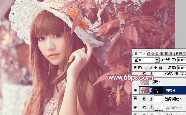 Photoshop将树叶下的美女图片增加上甜美的橙色效果33