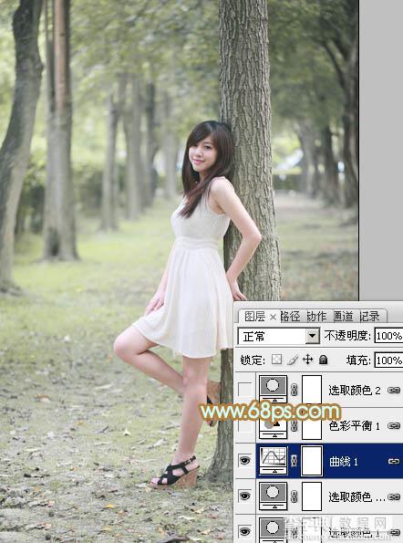 Photoshop将树林美女图片调制出柔和淡雅的黄绿色10