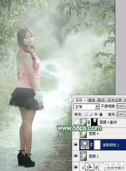 Photoshop为林间路上的美女添加梦幻的冷色绿色调35
