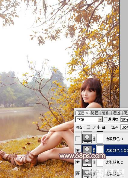 Photoshop为河边的美女加上漂亮的秋季粉红色12
