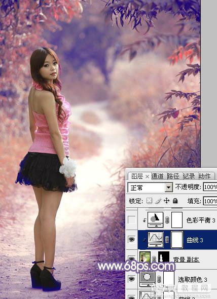 Photoshop为树林中的人物加上经典深秋红蓝色31