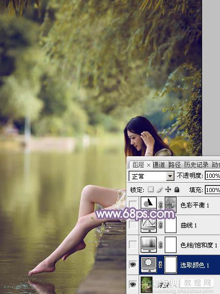 Photoshop将水塘边的美女加上漂亮的淡调黄紫色6