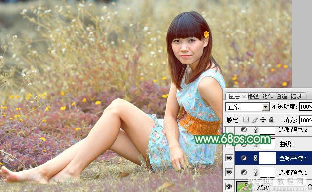 Photoshop为野草中的人物调制出柔和的小清新黄绿色10