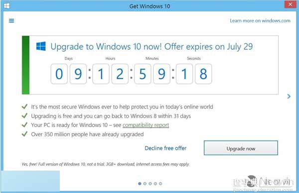 微软在Win7/8.1 GWX上加入免费升级倒计时:快更新Win101