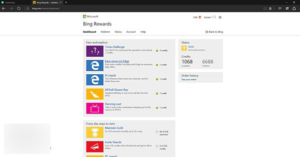 微软Win10 Edge浏览器福利：获取更多Bing Rewards积分，兑换微软的数字或电子产品2