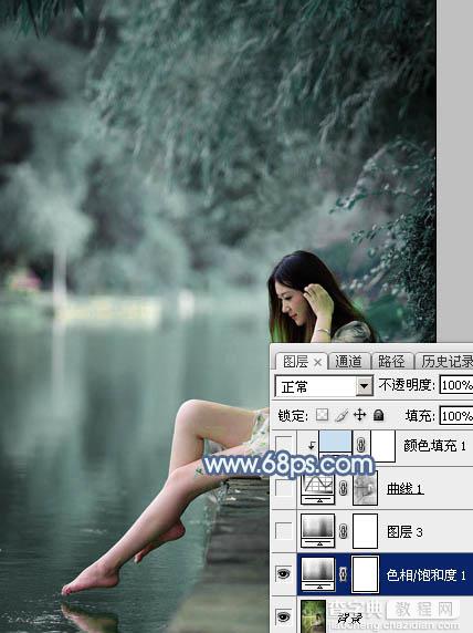 Photoshop打造出唯美的秋季青蓝色塘边的美女图片5