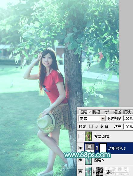 Photoshop为树荫下的美女图片加上清爽的青绿色44