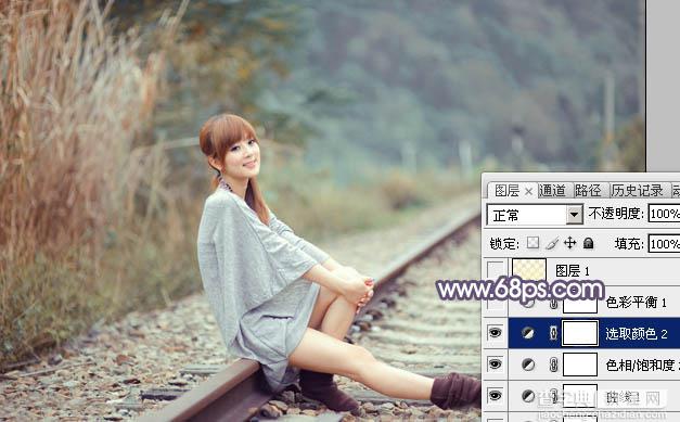 Photoshop为铁轨上的美女加上甜美的中性粉调蓝黄色23
