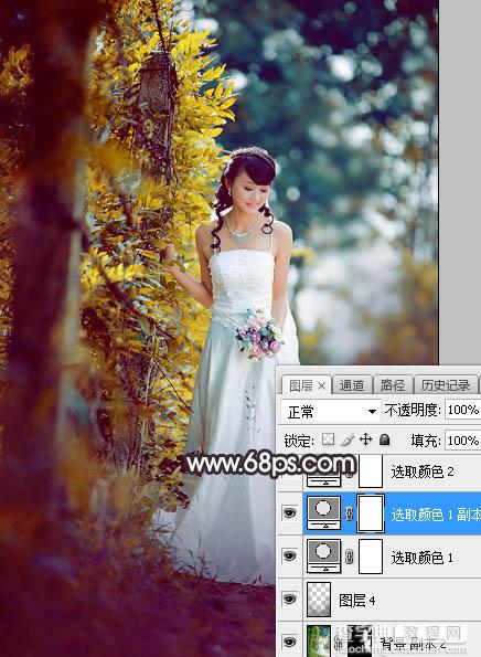 Photoshop将树林婚片打造甜美的逆光青红色10
