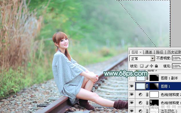 Photoshop将铁轨美女打造甜美的春季淡绿色特效26