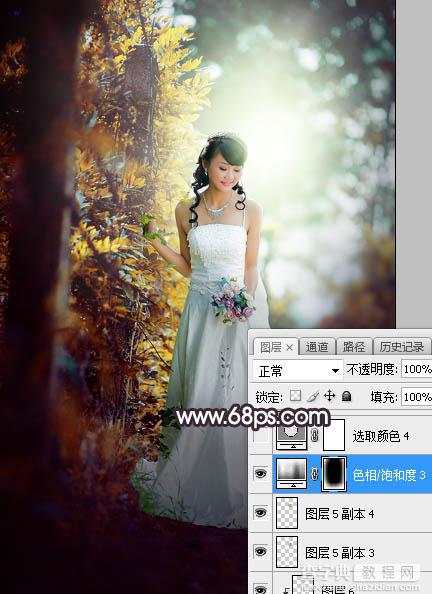 Photoshop将树林婚片打造甜美的逆光青红色31