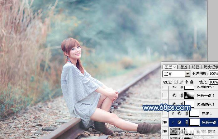 Photoshop调制出梦幻的粉蓝色铁轨美女图片16