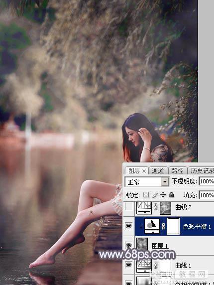 Photoshop将水景美女图片打造唯美的中性蓝红色27