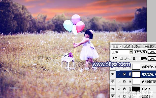 Photoshop调出梦幻的蓝红色霞光草地上的女孩图片44