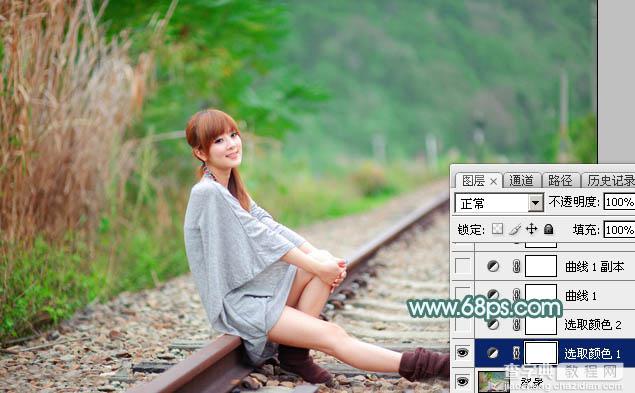 Photoshop将铁轨美女打造甜美的春季淡绿色特效6