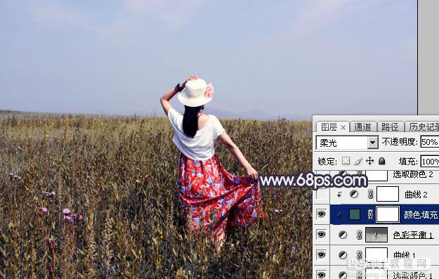 Photoshop为荒草中的美女加上漂亮的韩系蓝褐色19