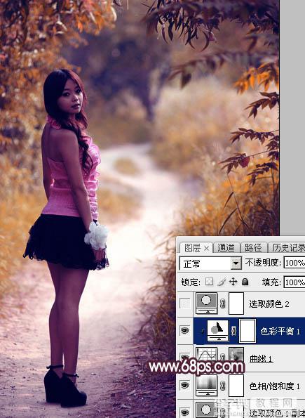 Photoshop将树林人物图片打造唯美的暗调紫红色14