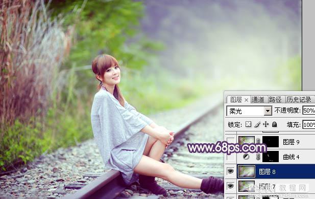 Photoshop为铁轨美女图片打造出清新甜美的淡调绿紫色33