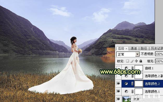 Photoshop调出唯美的霞光色湖边的婚纱美女图片13