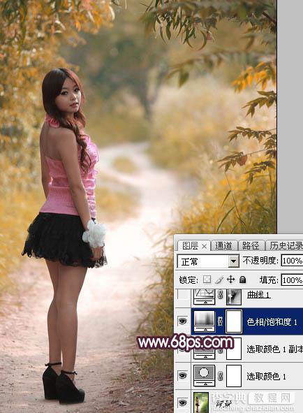 Photoshop将树林人物图片打造唯美的暗调紫红色8