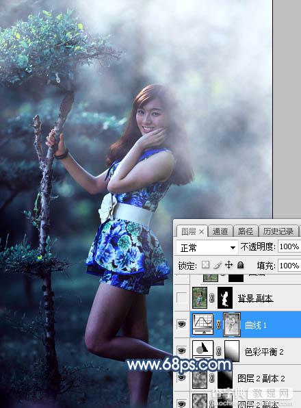 Photoshop将树林人物图片打造出唯美的夏季青蓝色18