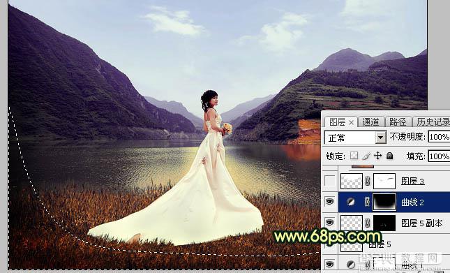 Photoshop调出唯美的霞光色湖边的婚纱美女图片22