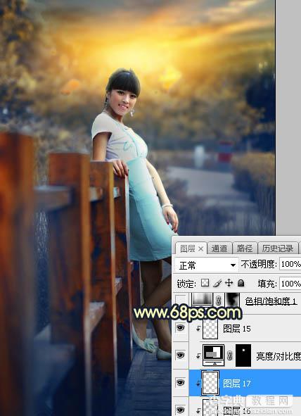 Photoshop调制出秋季晨曦木桥上的人物图片37