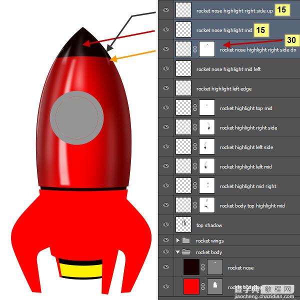 PS制作精致的红色卡通小火箭41