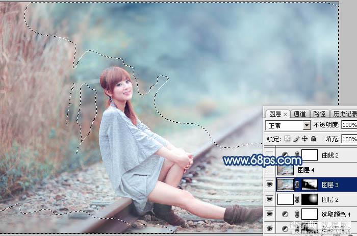 Photoshop调制出梦幻的粉蓝色铁轨美女图片36