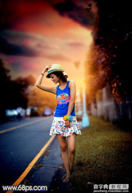 Photoshop调出昏暗的霞光公路上的美女图片2