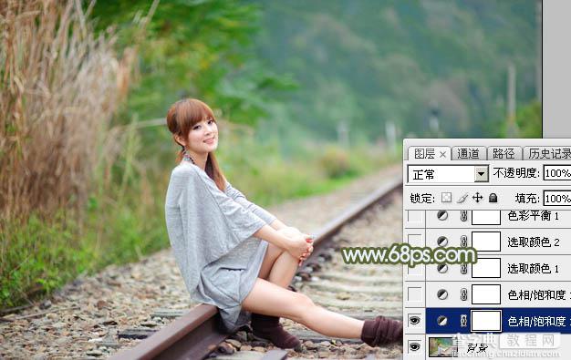 Photoshop为铁轨美女加上粉调黄绿蜜糖色4
