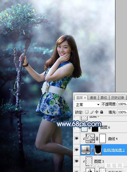 Photoshop将树林人物图片打造出唯美的夏季青蓝色26