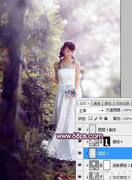 Photoshop将树林婚片打造唯美的淡紫色特效29