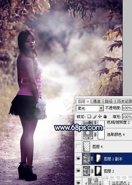 Photoshop调制出深秋暗蓝色树林中的人物图片27