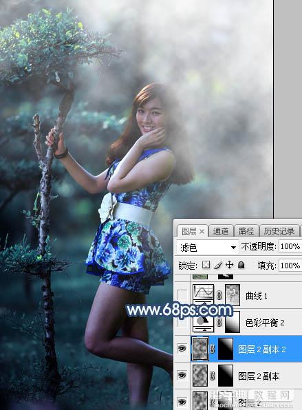 Photoshop将树林人物图片打造出唯美的夏季青蓝色13