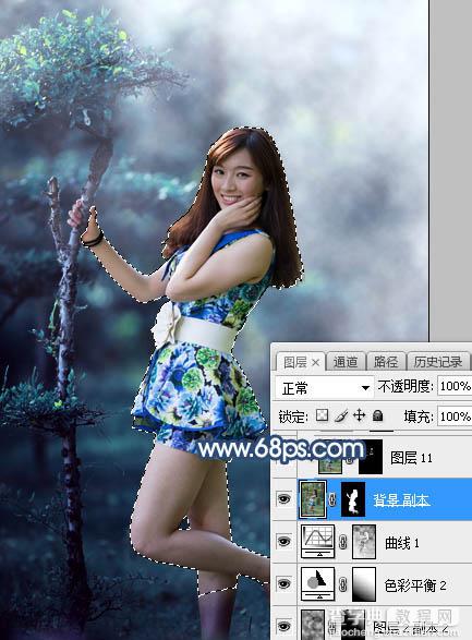 Photoshop将树林人物图片打造出唯美的夏季青蓝色19