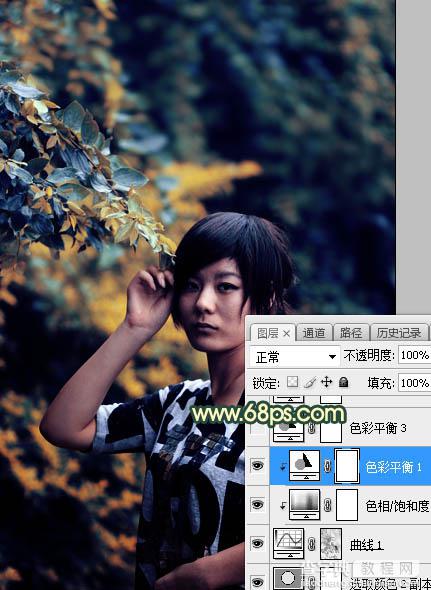 Photoshop将夏季树林人物图片打造甜美的青黄色18