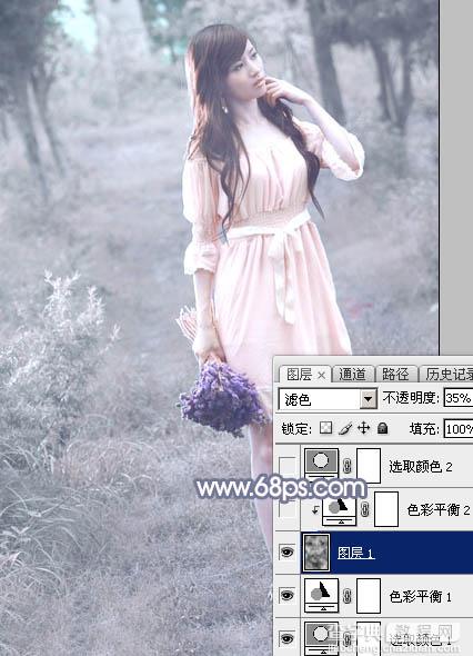Photoshop快速打造淡蓝色梦幻树林美女图片16