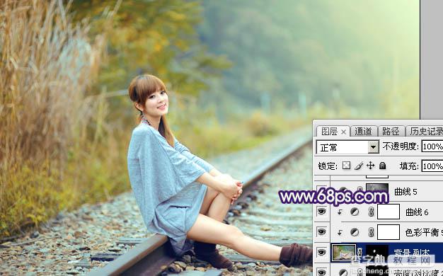 Photoshop调制出淡黄色的秋季铁轨小清新美女图片43