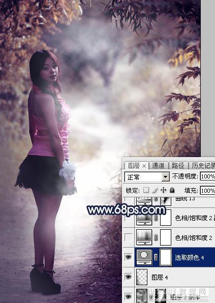 Photoshop调制出深秋暗蓝色树林中的人物图片33