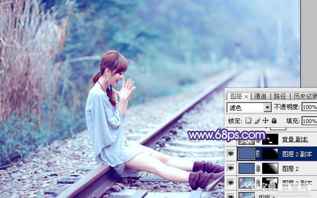 Photoshop将铁轨美女图片打造唯美的小清新青蓝色特效36