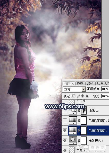 Photoshop调制出深秋暗蓝色树林中的人物图片36