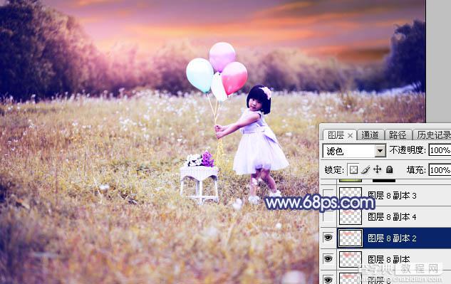 Photoshop调出梦幻的蓝红色霞光草地上的女孩图片48