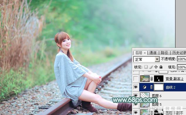 Photoshop将铁轨美女打造甜美的春季淡绿色特效33