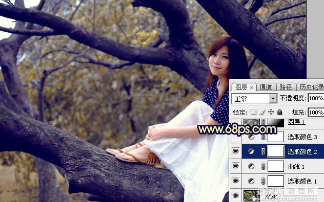 Photoshop调出秋季黄褐色树干上的美女图片12