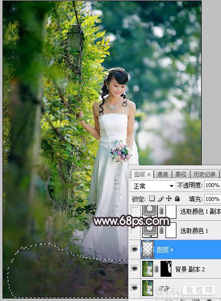 Photoshop将树林婚片打造甜美的逆光青红色4